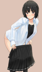 Rule 34 | 1girl, absurdres, amagami, black eyes, black hair, black skirt, black one-piece swimsuit, blouse, blurry, bob cut, brown background, collared shirt, competition swimsuit, depth of field, dress shirt, feet out of frame, highres, jacket, kibito high school uniform, leaning forward, nanasaki ai, one-piece swimsuit, pleated skirt, school uniform, shirt, short hair, simple background, skirt, solo, swimsuit, swimsuit under clothes, undressing, white shirt, yoo tenchi