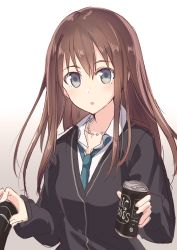 Rule 34 | 10s, 1girl, absurdres, blue eyes, blue necktie, blush, brown hair, can, cardigan, coffee, collared shirt, gradient background, hair between eyes, hands up, highres, hiraga matsuri, hirasato, holding, holding can, idolmaster, idolmaster cinderella girls, long hair, looking at viewer, necktie, parted lips, shibuya rin, shirt, sketch, solo, upper body, white background, white shirt, wing collar