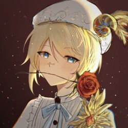 Rule 34 | 1boy, blonde hair, blue eyes, blurry, blush, character request, check character, check copyright, chromatic aberration, commentary, copyright request, edgar valden, english commentary, eyes visible through hair, flower, frills, grey ribbon, hat, identity v, light particles, looking at viewer, male focus, mouth hold, neck ribbon, portrait, qiangweimonvchu, red flower, red rose, ribbon, rose, shirt, short hair, sketch, solo, white hat, white shirt