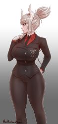 Rule 34 | 1girl, absurdres, aestheticc-meme, artist name, black jacket, black pants, blazer, breasts, business suit, demon girl, demon horns, demon tail, formal, gloves, hand on own hip, helltaker, highres, horns, huge breasts, jacket, large breasts, lips, lucifer (helltaker), necktie, pants, red eyes, red shirt, shirt, solo, suit, tail, thick thighs, thighs, tight clothes, tight pants, white gloves, white hair, wide hips