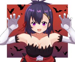 Rule 34 | 1girl, :d, absurdres, ao (flowerclasse), bare shoulders, bat (animal), blush, breasts, claw pose, cleavage, commentary request, cosplay, dress, elbow gloves, fang, feather-trimmed gloves, feather trim, frilled dress, frills, gabriel dropout, gloves, hair between eyes, hair ornament, hair ribbon, hairclip, hands up, highres, kiss-shot acerola-orion heart-under-blade, kiss-shot acerola-orion heart-under-blade (cosplay), kizumonogatari, large breasts, looking at viewer, medium breasts, medium hair, monogatari (series), open mouth, oshino shinobu, purple eyes, purple hair, red dress, red ribbon, ribbon, sleeveless, sleeveless dress, smile, smug, solo, strapless, strapless dress, upper body, vignette tsukinose april, white gloves, x hair ornament