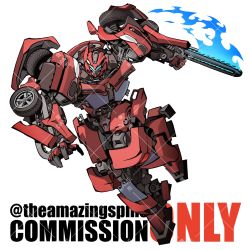 Rule 34 | arm blade, blue fire, chainsaw, commission, fire, highres, kamitoge supino, mecha, no humans, open hand, redesign, robot, science fiction, solo, stinger (transformers), transformers, transformers: age of extinction, transformers (live action), twitter username, visor, watermark, weapon, white background