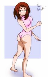 Rule 34 | 1girl, armpits, artist name, ass, bare shoulders, barefoot, blush stickers, boku no hero academia, border, breasts, brown eyes, brown hair, clenched hand, collarbone, eyebrows, eyelashes, feet, female focus, from behind, full body, hand up, happy, high collar, highres, legs, leotard, looking at viewer, medium breasts, medium hair, neck, pink leotard, purple background, shiny clothes, shiny skin, sidelocks, simple background, skin tight, smile, soles, standing, theafroboy, thighs, toenails, toes, uraraka ochako, walking, white border