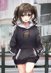 Rule 34 | 1girl, :d, absurdres, against railing, black hoodie, blush, brown eyes, brown hair, city, clothes writing, commentary request, cowboy shot, day, drawstring, earrings, hands in pocket, highres, hood, hood down, hoodie, idolmaster, idolmaster cinderella girls, jewelry, kuromitsu maria, long hair, long sleeves, looking at viewer, mixed-language commentary, mole, mole under eye, open mouth, outdoors, railing, sharp teeth, signature, smile, solo, sunazuka akira, teeth, triangle earrings, twintails