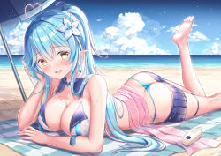 Rule 34 | 1girl, :d, ahoge, ass, beach, bikini, blue bikini, blue hair, blush, breasts, butt crack, cleavage, clothes pull, colored tips, day, elf, feet, flower, hair between eyes, hair flower, hair ornament, heart, heart ahoge, hololive, large breasts, long hair, looking at viewer, lotion, lying, multicolored hair, ocean, on stomach, open mouth, outdoors, parasol, pointy ears, shirakawako, signature, skirt, skirt pull, sky, smile, solo, streaked hair, sunscreen, swimsuit, twitter username, umbrella, virtual youtuber, wet, yellow eyes, yukihana lamy