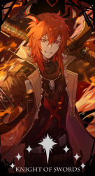 Rule 34 | 1boy, absurdres, arknights, belt, black coat, black gloves, black horns, coat, fire, gloves, grin, highres, holding, holding weapon, horns, id card, infection monitor (arknights), jewelry, kotatsu kaya, long hair, looking at viewer, male focus, necklace, red eyes, red hair, sesa (arknights), smile, solo, upper body, weapon