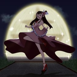 Rule 34 | 10s, 1girl, absurdres, bare shoulders, bow, brown hair, dress, frilled dress, frilled sleeves, frills, high heels, highres, kagari atsuko, legs, little witch academia, long hair, pink bow, pink dress, red eyes, red heels, side ponytail