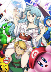 Rule 34 | &gt;:d, 1girl, 2boys, :d, ?, animal crossing, belt, blonde hair, blue hair, blush, blush stickers, breasts, carrying, cleavage, crossover, draw-till-death, elf, fingerless gloves, gloves, grin, hat, highres, japanese clothes, kimono, kirby, kirby (series), kiriha (tsugumomo), link, long hair, looking at viewer, mario (series), mega man (character), mega man (classic), mega man (series), multiple boys, nintendo, obi, off shoulder, one eye closed, open mouth, pac-man, pac-man (game), piggyback, pointy ears, red eyes, sash, shoulder carry, smile, sonic (series), sonic the hedgehog, spoken object, super smash bros., teeth, the legend of zelda, the legend of zelda: twilight princess, tsugumomo, v-shaped eyebrows, villager (animal crossing), yoshi