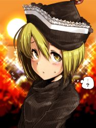 Rule 34 | 1girl, ?, blonde hair, blush, breasts, crescent, female focus, flying sweatdrops, harusame (unmei no ikasumi), hat, looking at viewer, lunasa prismriver, ribbed sweater, short hair, solo, sweatdrop, sweater, touhou, turtleneck, upper body, yellow eyes