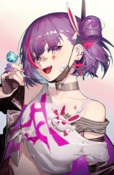 Rule 34 | 1girl, bandaid, bandaid on face, bandaid on nose, between fingers, candy, character name, choker, dl (dl 6ix), earrings, fingerless gloves, food, gloves, hand up, heart, heart-shaped pupils, highres, holding, holding candy, holding food, jacket, jacket partially removed, jewelry, lollipop, mask, midriff, mouth mask, multicolored hair, nail polish, navel, off shoulder, one side up, open mouth, purple eyes, purple nails, shirt, short hair, solo, streaked hair, symbol-shaped pupils, tenjin kotone, tenjin kotone (channel), tied shirt, torii earrings, two-tone hair, virtual youtuber, white shirt