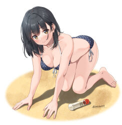 Rule 34 | 1girl, all fours, ass, bare arms, bare shoulders, bikini, black bikini, black hair, blush, breasts, cleavage, collarbone, commentary request, double-parted bangs, fingernails, front-tie bikini top, front-tie top, full body, hair between eyes, hair intakes, highres, lips, looking at viewer, lotion bottle, medium breasts, original, parted lips, polka dot, polka dot bikini, sand, short hair, side-tie bikini bottom, simple background, swimsuit, twitter username, unasaka ryou, white background, yellow eyes