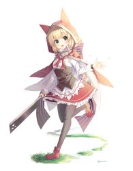 Rule 34 | 1girl, animal ears, black thighhighs, blonde hair, bow, cat ears, cleaver, dress, green eyes, grimm&#039;s fairy tales, grimms notes, holding, holding weapon, hood, little red riding hood, little red riding hood (grimm), little red riding hood (grimms notes), long sleeves, looking at viewer, open mouth, red bow, red dress, red hood, rento (rukeai), running, shirt, short hair, smile, solo, star (symbol), thighhighs, weapon, white shirt