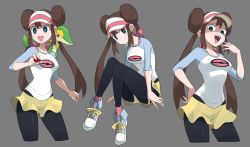 Rule 34 | 1girl, black pantyhose, blue eyes, blue footwear, blue shirt, bow, breasts, closed mouth, cowboy shot, creatures (company), cropped legs, cross-laced footwear, double bun, flowers-imh, full body, game freak, gen 5 pokemon, grey background, hair bow, hair bun, hand on own hip, hand to own mouth, highres, holding, holding poke ball, invisible chair, long hair, looking at viewer, medium breasts, multiple views, nintendo, ojou-sama pose, on shoulder, open mouth, pantyhose, pantyhose under shorts, pink bow, pink headwear, poke ball, poke ball (basic), poke ball symbol, pokemon, pokemon (creature), pokemon bw2, pokemon on shoulder, raglan sleeves, rosa (pokemon), shaded face, shirt, shoes, short shorts, short sleeves, shorts, sidelocks, simple background, sitting, smile, smug, sneakers, snivy, taut clothes, twintails, two-tone headwear, two-tone shirt, visor cap, white headwear, white shirt, yellow shorts