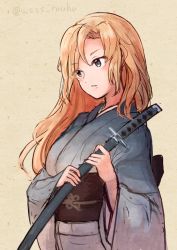Rule 34 | 1girl, blonde hair, blue kimono, brown background, grey eyes, head tilt, holding, holding sword, holding weapon, hornet (kancolle), japanese clothes, kantai collection, katana, kimono, long hair, looking to the side, sheath, sheathed, simple background, solo, sword, twitter username, upper body, weapon, wss (nicoseiga19993411)