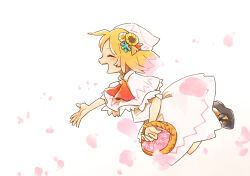 Rule 34 | 1girl, alternate hair length, alternate hairstyle, ascot, basket, black footwear, blonde hair, blush, capelet, closed eyes, dress, hat, highres, lily white, open mouth, petals, red ascot, shoes, short hair, short sleeves, simple background, smile, solo, touhou, white background, white capelet, white dress, white hat, ziro (daydozen)