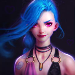 Rule 34 | 1girl, bare shoulders, blue hair, bullet, bullet necklace, female focus, grin, highres, irakli nadar, jewelry, jinx (league of legends), league of legends, lips, lipstick, long hair, looking at viewer, makeup, necklace, nose, o-ring, o-ring top, pink eyes, purple lips, realistic, smile, solo, tattoo, upper body