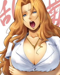 Rule 34 | 1girl, annoyed, between breasts, bleach, blue eyes, breast hold, breasts, chain, cleavage, collarbone, covered erect nipples, crossed arms, hairu, huge breasts, jewelry, long hair, matsumoto rangiku, mole, mole under mouth, necklace, no bra, open mouth, orange hair, shirt, simple background, solo, tongue, upper body