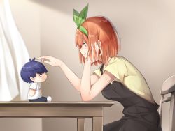 Rule 34 | 1girl, black dress, blue eyes, blue hair, blunt bangs, blush, breasts, chair, character doll, closed mouth, collared shirt, commentary request, curtains, dress, elbow rest, from side, go-toubun no hanayome, green hairband, green ribbon, hair ribbon, hairband, hand in own hair, hand on own cheek, hand on own face, hands up, highres, indoors, jii tomo, medium breasts, nakano yotsuba, orange hair, profile, ribbon, shirt, short hair, short sleeves, sitting, sleeveless, sleeveless dress, smile, solo, table, uesugi fuutarou, wooden chair, wooden table, yellow shirt