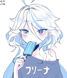 Rule 34 | 1girl, ahoge, artist logo, artist name, bags under eyes, blue eyes, blue shirt, closed mouth, colored inner hair, fang, fang out, food, food in mouth, furina (genshin impact), genshin impact, hand up, highres, holding, holding food, holding popsicle, long hair, mismatched pupils, mismatched sclera, multicolored hair, off shoulder, popsicle, shironism, shirt, simple background, single bare shoulder, solo, upper body, white background, white hair