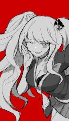 Rule 34 | 1girl, ;d, bear hair ornament, bra, breasts, cleavage, danganronpa: trigger happy havoc, danganronpa (series), enoshima junko, grin, hair ornament, hand up, highres, ja gi (kmhnhiiz), large breasts, leaning forward, miniskirt, nail polish, necktie, one eye closed, open mouth, pleated skirt, red background, selfie, skirt, smile, solo, teeth, twintails, two-tone necktie, underwear