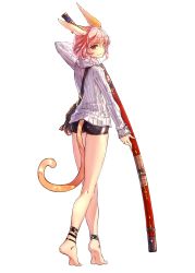 Rule 34 | 1girl, absurdres, animal ears, anklet, barefoot, bike shorts, earrings, from behind, full body, highres, jewelry, looking at viewer, looking back, ootachi, original, pink hair, red eyes, scabbard, sheath, simple background, soles, solo, sweater, tail, virus (obsession), white background