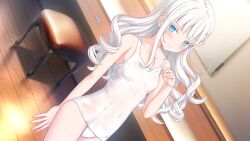 Rule 34 | 1girl, aikotoba -silver snow sister-, any (trueblue), blue eyes, blush, breasts, cowboy shot, embarrassed, game cg, hoshitsugu shirone, indoors, long hair, looking at viewer, nervous smile, non-web source, one-piece swimsuit, school swimsuit, small breasts, smile, solo, stool, swimsuit, wavy hair, white hair, white one-piece swimsuit, wooden floor