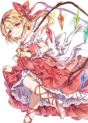 Rule 34 | 1girl, ayatsuki sugure, bare shoulders, blonde hair, blush, bow, bowtie, closed mouth, clothes lift, commentary request, crystal, dress, dress lift, flandre scarlet, frilled dress, frills, hair between eyes, hair bow, high heels, highres, large bow, leg ribbon, lifting own clothes, looking at viewer, medium hair, pointy ears, puffy short sleeves, puffy sleeves, red bow, red dress, red eyes, red footwear, red ribbon, ribbon, shoes, short hair with long locks, short sleeves, side ponytail, simple background, smile, solo, standing, touhou, white background, white bow, wings, wrist cuffs, yellow bow, yellow bowtie