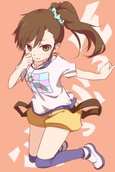 Rule 34 | 1girl, :3, brown eyes, brown hair, ekusiregaia, futami mami, idolmaster, idolmaster (classic), jewelry, long hair, looking at viewer, necklace, side ponytail, solo, star (symbol), star necklace, thighhighs