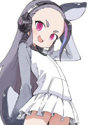 Rule 34 | 10s, 1girl, absurdres, commentary request, cowboy shot, empty eyes, eyebrows, forehead, giant penguin (kemono friends), headphones, highres, kemono friends, long hair, looking at viewer, multicolored hair, pink eyes, pleated skirt, salute, short hair, simple background, single hair intake, skirt, solo, streaked hair, white background, white skirt, yamamoto souichirou
