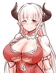 Rule 34 | 10s, 1girl, alicia (granblue fantasy), blunt bangs, blush, breasts, cleavage, cleavage cutout, clothing cutout, cross, cross earrings, draph, dress, earrings, elbow gloves, female focus, gloves, granblue fantasy, horns, huge breasts, jewelry, kanno takanori, long hair, looking at viewer, mature female, monochrome, one eye closed, pink hair, pointy ears, puffy short sleeves, puffy sleeves, red dress, red eyes, red theme, short sleeves, simple background, smile, solo, standing, underboob, underboob cutout, upper body, venus symbol, white background, white gloves