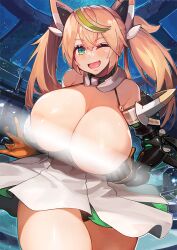 Rule 34 | animal ears, aqua eyes, armor, blonde hair, blush, breasts, censored, convenient censoring, detached sleeves, fake animal ears, fang, gene (pso2), gloves, hand on own chest, harusame-r, large breasts, one eye closed, open mouth, phantasy star, phantasy star online 2, skirt, sky, smile, suspenders, thighs, twintails