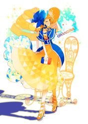Rule 34 | 1girl, blue eyes, bonnet, capelet, chair, dress, french flag, hat, high heels, highres, layered dress, orangina, personification, shade, simple background, solo, souno kazuki, standing, white background, yellow dress