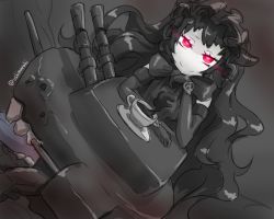 Rule 34 | 10s, 1girl, abyssal ship, black gloves, black hair, colored skin, cup, dutch angle, elbow gloves, gloves, gothic lolita, hairband, horns, isolated island oni, kantai collection, lolita fashion, lolita hairband, long hair, looking at viewer, machinery, red eyes, smile, solo, teacup, turret, twitter username, ushimado, white skin