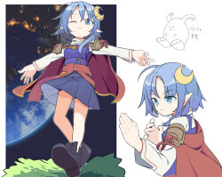 Rule 34 | 1girl, ahoge, blue eyes, blue hair, cape, closed mouth, crescent, crescent hair ornament, hair ornament, highres, looking at viewer, ma40414, one eye closed, planet, pointy ears, rabbit, red cape, rena lanford, short hair, skirt, smile, solo, star ocean, star ocean the second story, white background