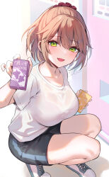 Rule 34 | 1girl, bike shorts, breasts, brown hair, calm mashiro, green eyes, large breasts, looking at viewer, open mouth, original, shirt, shoes, short hair, smile, sneakers, solo, squatting, white footwear, white shirt