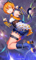 Rule 34 | 10s, 1girl, animal ears, bell, boots, cat ears, cat tail, earrings, elbow gloves, fake animal ears, fingerless gloves, gloves, hoshizora rin, jewelry, jingle bell, looking at viewer, love live!, love live! school idol festival, love live! school idol project, orange hair, paw pose, short hair, shorts, sleeveless, solo, striped clothes, striped gloves, tail, thigh strap, vertical-striped clothes, vertical-striped gloves, xiaoshou xiansheng, yellow eyes
