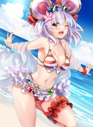 Rule 34 | 1girl, ;d, animal ears, bare shoulders, beach, bikini, bikini skirt, blue sky, blush, bow, breasts, bridal garter, brooch, cleavage, collarbone, day, detached collar, eyewear on head, fake animal ears, flower, granblue fantasy, hair bow, hair flower, hair ornament, heart, heart brooch, highres, hinata sora, jewelry, large breasts, looking at viewer, mouse ears, navel, ocean, off shoulder, one eye closed, open clothes, open mouth, open shirt, outdoors, outstretched arms, red bow, red eyes, shirt, silver hair, skindentation, skirt, sky, smile, solo, star-shaped eyewear, star (symbol), striped bikini, striped clothes, sunglasses, swimsuit, vikala (blooming summer wallflower) (granblue fantasy), vikala (granblue fantasy), water, wet, white shirt