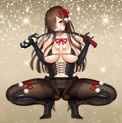 Rule 34 | 1girl, ahoge, ass, bad id, bad pixiv id, bikini, black footwear, black gloves, black pantyhose, boots, bow, breasts, brown eyes, brown hair, brown thighhighs, christmas, corset, cross-laced clothes, cross-laced footwear, crotch seam, elbow gloves, eyes visible through hair, full body, fur collar, fur trim, garter belt, garter straps, gloves, gluteal fold, hair bow, hair over one eye, high heel boots, high heels, highleg, highleg bikini, highres, lace-up boots, large breasts, licking, long hair, looking at viewer, matching hair/eyes, micro bikini, navel, pantyhose, pom pom (clothes), re:shimashima, red bow, riding crop, saliva, smile, snow, snowflakes, solo, spread legs, squatting, swimsuit, thigh boots, thighband pantyhose, thighhighs, tokyo exe girls, tongue, tongue out, ueno mana