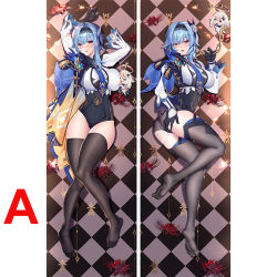 Rule 34 | 2girls, arms up, ass, black gloves, black legwear, black leotard, blue capelet, blue hair, blue neckwear, blush, bodystocking, breasts, cameltoe, capelet, chain, checkered floor, chibi, commentary, covered navel, dakimakura (medium), eula (genshin impact), flower, from above, full body, genshin impact, gloves, hair between eyes, hairband, hand on own ass, knees together feet apart, large breasts, leotard, light blue hair, looking at viewer, lying, medium hair, multiple girls, multiple views, necktie, no shoes, on back, on side, open mouth, paimon (genshin impact), purple eyes, qi yuan zhi yu, sample watermark, shirt, smile, spider lily, thighhighs, thighs, watermark, white shirt