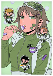 Rule 34 | 1girl, 3boys, adapted costume, apron, bandaid, bandaid on hand, black hair, blonde hair, border, bow, brown hair, candy, chibi, cigarette, clothes writing, food, green background, green bow, green eyes, grey hair, hairband, hand up, headphones, headphones around neck, heart stickers, holding, holding candy, holding food, holding lollipop, lollipop, looking at viewer, mouth hold, multiple boys, omelet, open mouth, osano rui, outline, pointing, pointing at self, sasamori hisato, sideways glance, solo focus, sticker on face, suwa koutarou, tsutsumi daichi, upper body, waist apron, world trigger, yk no yd, zipper