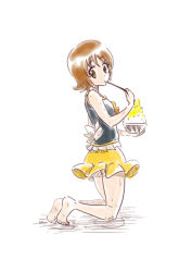 Rule 34 | 1girl, adapted costume, back bow, barefoot, black shirt, bow, brown eyes, brown hair, cosplay, cure honey, cure honey (cosplay), food, from side, full body, happinesscharge precure!, holding, kneeling, looking at viewer, miniskirt, nita (onakatohoppe), oomori yuuko, precure, shaved ice, shirt, short hair, simple background, skirt, sleeveless, sleeveless shirt, solo, wet, white background, white bow, yellow skirt
