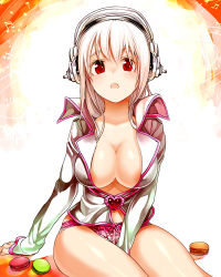 Rule 34 | 1girl, areola slip, bad id, bad pixiv id, breasts, cleavage, covered erect nipples, headphones, large breasts, legs, lingerie, macaroon, nitroplus, open mouth, panties, pink hair, popped collar, red eyes, solo, super sonico, underwear, zakki
