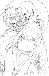 Rule 34 | 1girl, boa hancock, breasts, cape, cleavage, earrings, female focus, highres, horns, jewelry, long hair, long skirt, looking at viewer, navel, one piece, outline, salome (one piece), side slit, skirt, skull, snake