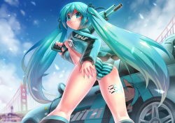 Rule 34 | 1girl, :3, aqua eyes, aqua hair, ass, bad id, bad pixiv id, blush, breasts, bridge, cameltoe, car, cloud, day, emperpep, female focus, from behind, from below, gun, hair ribbon, hand on own ass, hatsune miku, jacket, kneehighs, long hair, looking back, markings, motor vehicle, nail polish, nipples, open clothes, open jacket, open shirt, outdoors, over shoulder, panties, raised eyebrow, ribbon, shirt, shotgun, signature, sky, small breasts, smile, socks, solo, standing, star (symbol), striped clothes, striped panties, twintails, underwear, vehicle, very long hair, vocaloid, weapon, weapon over shoulder