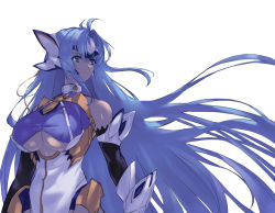 Rule 34 | 1girl, android, bare shoulders, blue eyes, blue hair, breasts, closed mouth, clothing cutout, floating hair, forehead protector, highres, kos-mos, kos-mos ver. 4, large breasts, long hair, midriff, negresco, simple background, solo, underboob, underboob cutout, very long hair, white background, xenosaga, xenosaga episode iii