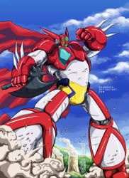 Rule 34 | absurdres, artist name, axe, cape, clenched hand, cloud, commentary, dust, english commentary, getter robo, highres, holding, holding axe, looking up, mecha, no humans, robot, science fiction, sharknob, shin getter-1, shin getter robo, sky, solo, super robot, utility pole, watermark, web address, yellow eyes
