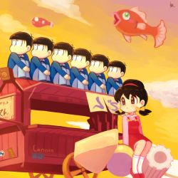 Rule 34 | 10s, 1girl, 6+boys, bad id, bad twitter id, black hair, bowl cut, brothers, brown eyes, brown hair, child, dress, expressionless, fish, food, food stand, hair ribbon, hairband, hugging own legs, legs together, low twintails, matching outfits, matsuno choromatsu, matsuno ichimatsu, matsuno jyushimatsu, matsuno karamatsu, matsuno osomatsu, matsuno todomatsu, multiple boys, oden, osomatsu-kun, osomatsu-san, osomatsu (series), parody, pinafore dress, remotarou, ribbon, sextuplets, short twintails, siblings, sidesaddle, signature, sitting, sleeveless, sleeveless dress, sunset, twintails, yatai, yowai totoko
