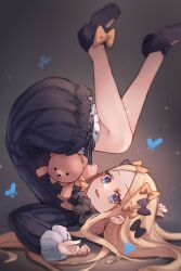 Rule 34 | 1girl, :d, abigail williams (fate), animal, black bow, black dress, black footwear, blonde hair, bloomers, blue eyes, blush, bow, bug, butterfly, commentary, dress, english commentary, fate/grand order, fate (series), forehead, hair bow, highres, insect, legs up, long hair, long sleeves, looking at viewer, lying, miya (miyaruta), on back, open mouth, orange bow, parted bangs, puffy long sleeves, puffy sleeves, smile, solo, stuffed animal, stuffed toy, teddy bear, underwear, upside-down, very long hair, white bloomers
