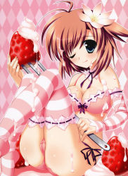 Rule 34 | 1girl, ;p, absurdres, ariko youichi, blue eyes, bra, breasts, brown hair, cameltoe, choker, cleavage, cream, detached sleeves, eating, flower, food, fork, fruit, hair flower, hair ornament, highres, holding, holding food, holding fork, holding fruit, licking, lingerie, nakahara kaede, one eye closed, oversized object, panties, patterned legwear, pink theme, pink thighhighs, short hair, side-tie panties, solo, source request, strawberry, striped clothes, striped thighhighs, thighhighs, tongue, tongue out, trouble@spiral!, two-tone stripes, underwear, white stripes, white thighhighs, wink