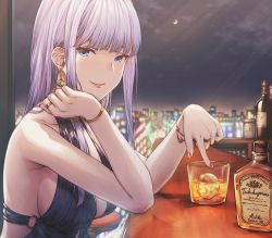 Rule 34 | 1girl, alcohol, alexandra (suzuame yatsumi), bangle, bar (place), bare shoulders, blue dress, blue eyes, blush, bottle, bracelet, breasts, commission, dress, earrings, elbow rest, glass, halter dress, halterneck, highres, ice, indoors, jewelry, large breasts, light purple hair, long hair, looking at viewer, nail polish, night, o-ring, original, red nails, ring, smile, solo, suzuame yatsumi